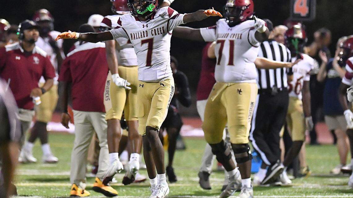 Mallard Creek wide receiver Khalil Price (7) reacts to the incomplete play by Cardinal Gibbons late in the fourth quarter and giving victory to Mallard Creek. The Mallard Creek Mavericks and the Cardinal Gibbons Crusaders met in a non-conference football game in Raleigh, N.C. September 19, 2025