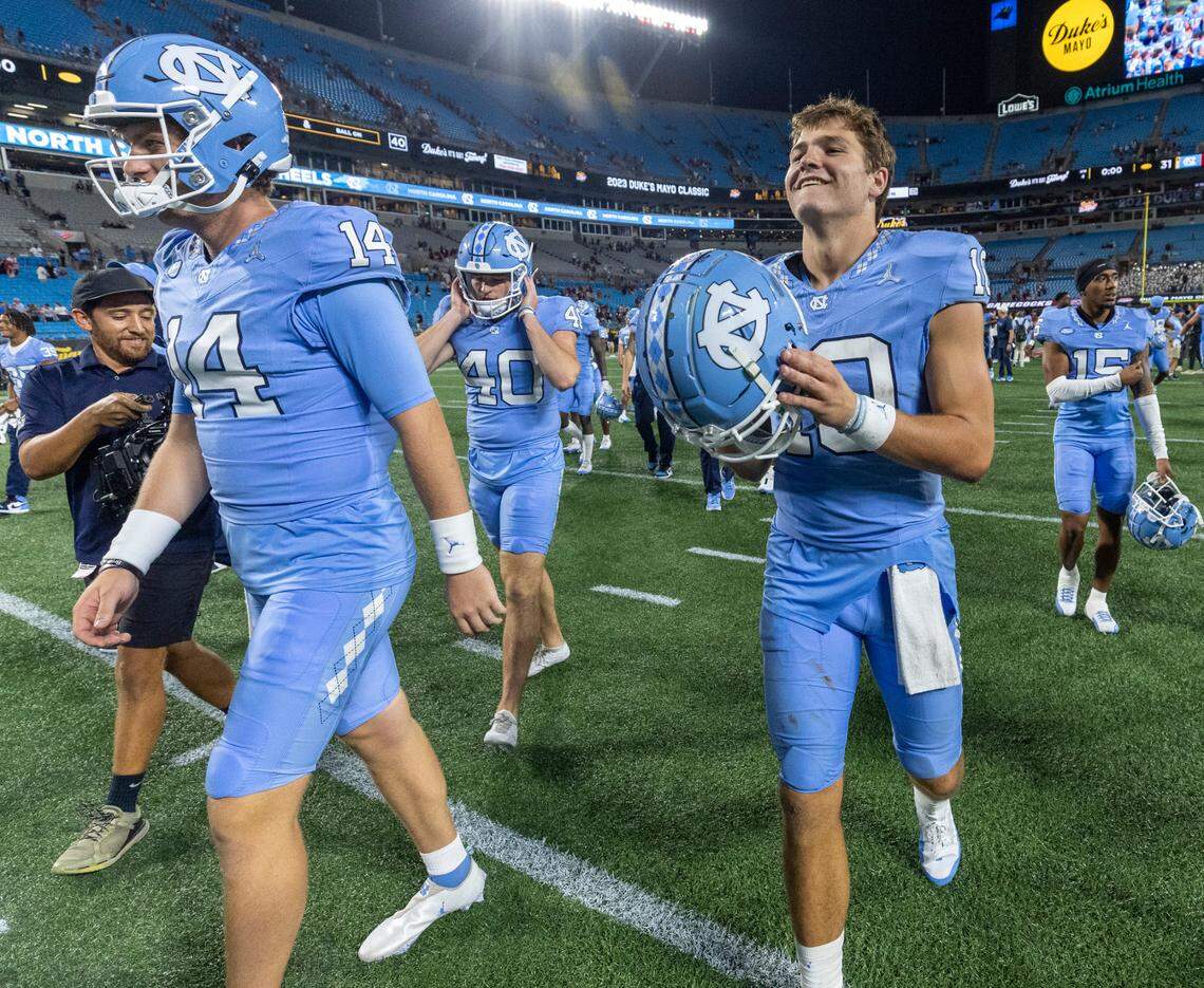 North Carolina quarterback Drake Maye (10) celebrates the Tar Heels’ 31-17 victory over South Carolina on Saturday September 2, 2023 at Bank of America Stadium in Charlotte, N.C.