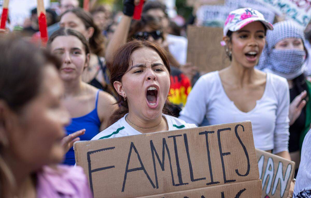 Monica Ruiz Bautista shows her passion as she joins hundreds of demonstrators in Moore Square calling for immigration reform prior the ‘Ice out of Raleigh’ march on Wednesday, June 11, 2025 in Raleigh, N.C.