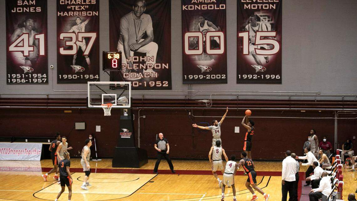 North Carolina Central University plays against Florida A&M in March 2022 at McDougald-Mclendon Arena in Durham, N.C. The NCCU men’s and women’s basketball teams don’t have separate practice facilities, instead they share space and the two baskets — the only two baskets — at the historic arena.
