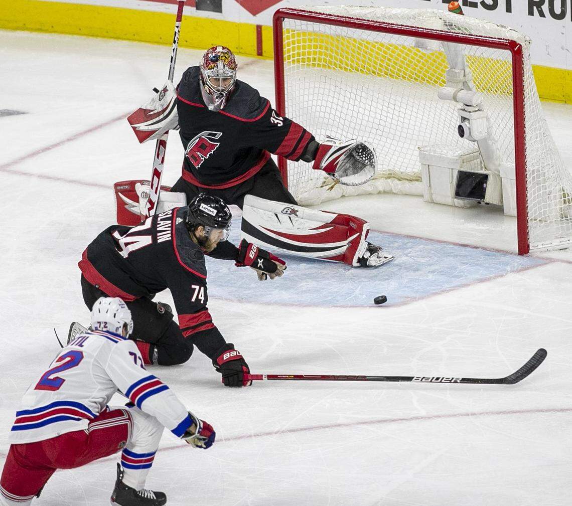 The New York Rangers’ Filip Chytil (72) finds an open net and scores on Carolina Hurricanes goalie Antii Raanta (32 ) in the first period on Wednesday, May 18, 2022 during game one of the Stanley Cup second round at PNC Arena in Raleigh, N.C.