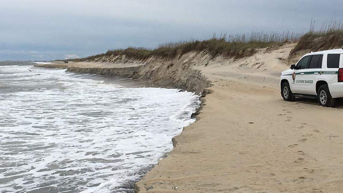 A cliff formed by erosion on the beach between off-road vehicle ramps 2 and 4 on Bodie Island – also known as Coquina Beach.
