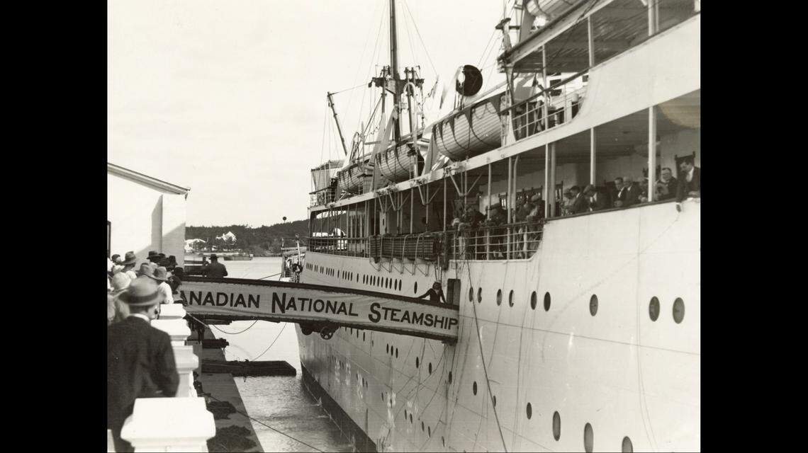 Lady Hawkins unloading passengers at Hamilton Pier in Bermuda.