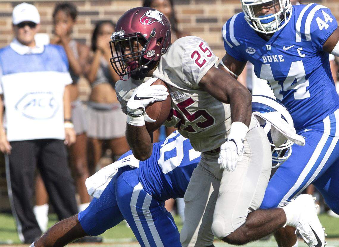 North Carolina Central’s Isaiah Totten (25) carries the ball during the first half of an NCAA college football game against Duke in Durham, N.C., Saturday, Sept. 22, 2018.