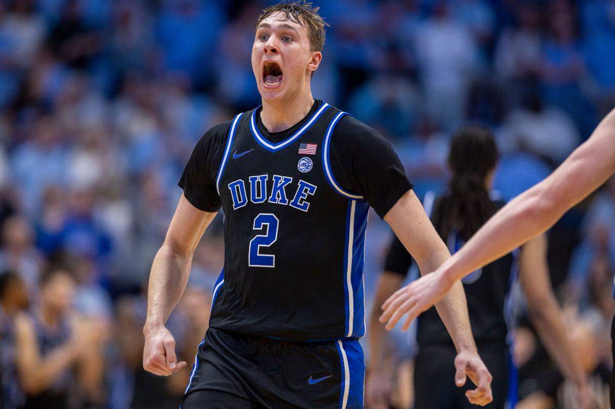Duke’s Cooper Flagg (2) reacts after a dunk to give the Blue Devils’ an 82-67 lead against North Carolina on Saturday, March 8, 2025 at the Smith Center in Chapel Hill, N.C.