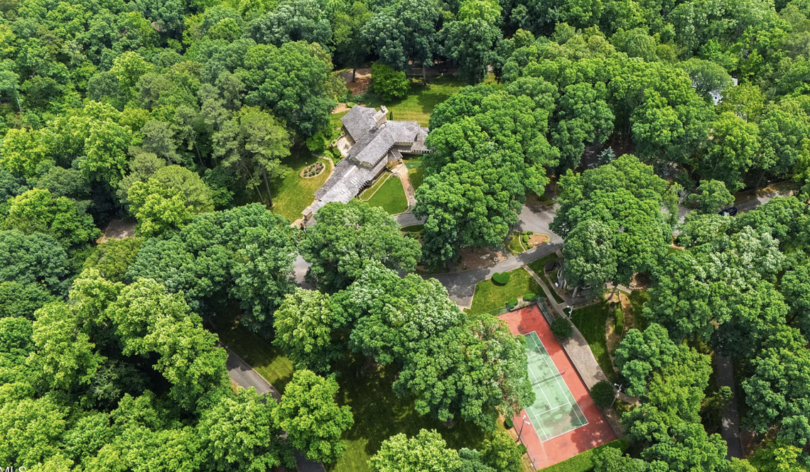 An aerial view of the “Peg and Pat Owens” residence at 812 Kenmore Rd. in Chapel Hill’s Lake Forest neighborhood.