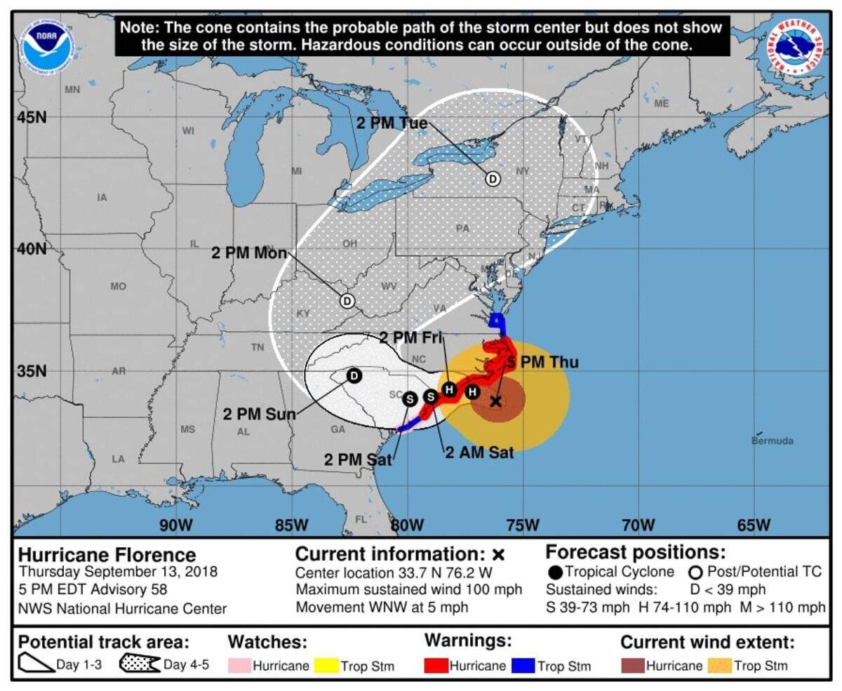 The probable path of Category 2 Hurricane Florence as of 5 p.m. Thursday, Sept. 13, 2018.