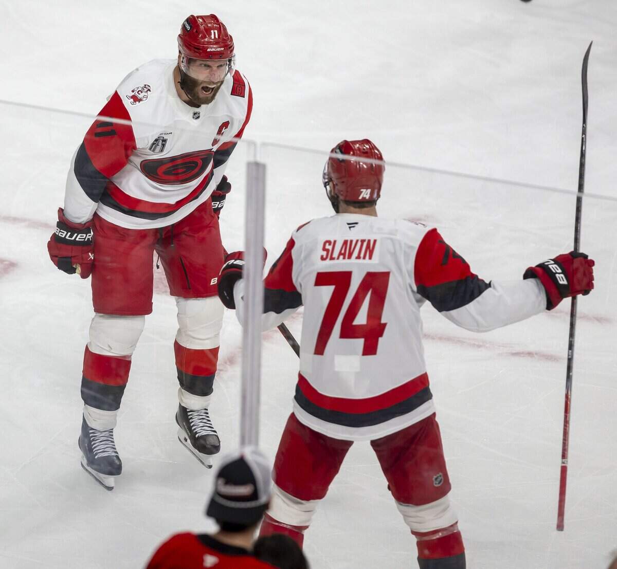 Carolina Hurricanes center Jordan Staal (11) reacts after scoring on Vegas goalie Carter Hart (79) to cut the Vegas lead to 4-3 in the third period in Game 3 of the Stanley Cup Final, on Saturday, June 6, 2026 at T-Mobile Arena in Las Vegas, NV.