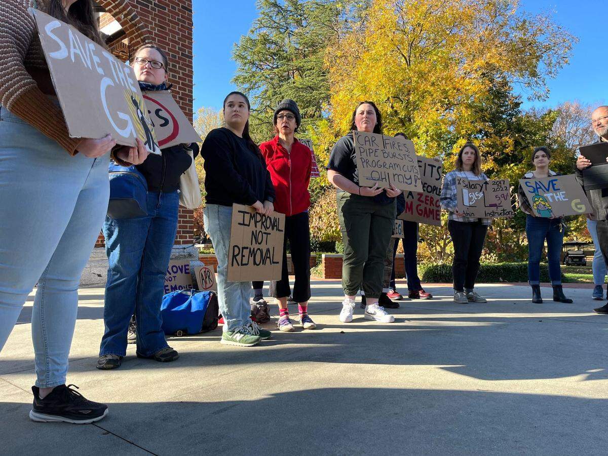 UNCG students and faculty rallied against an ongoing “academic portfolio review” Thursday, Nov. 16, 2023.