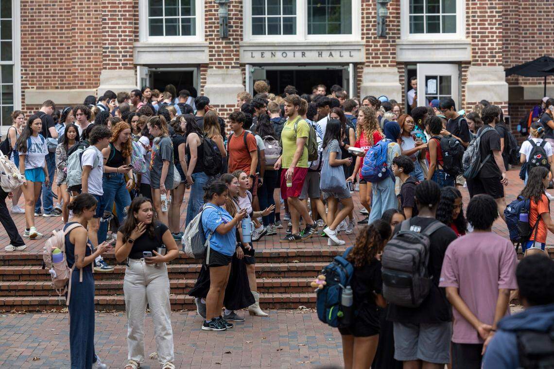 Students at the University of North Carolina flood into The Pit outside the student union after a lock down was lifted just after 2:15 p.m. on Wednesday, September 13, 2023 in Chapel Hill, N.C. The lockdown began around 1 p.m. after a report an armed and dangerous person on campus.