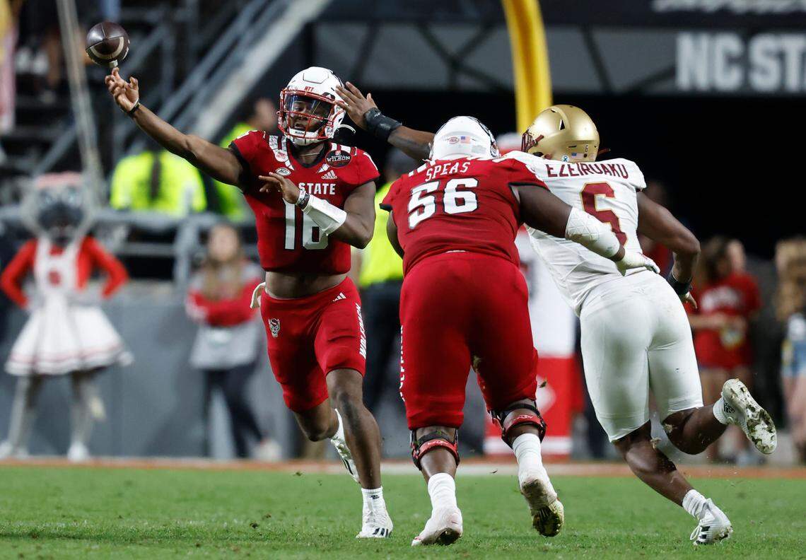 N.C. State quarterback MJ Morris (16) passes during the second half of Boston College’s 21-20 victory over N.C. State at Carter-Finley Stadium in Raleigh, N.C., Saturday, Nov. 12, 2022.
