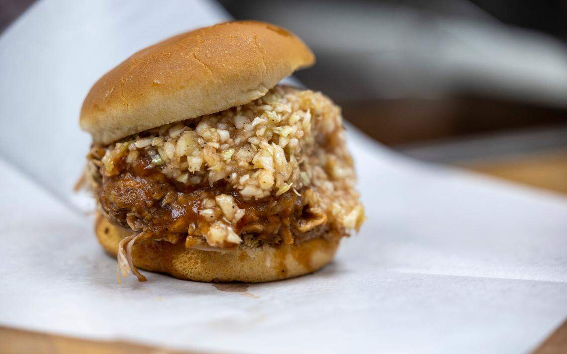 The chopped barbecue sandwich with slaw from Speedy’s Barbecue on Tuesday, October 10, 2023 in Lexington, N.C.