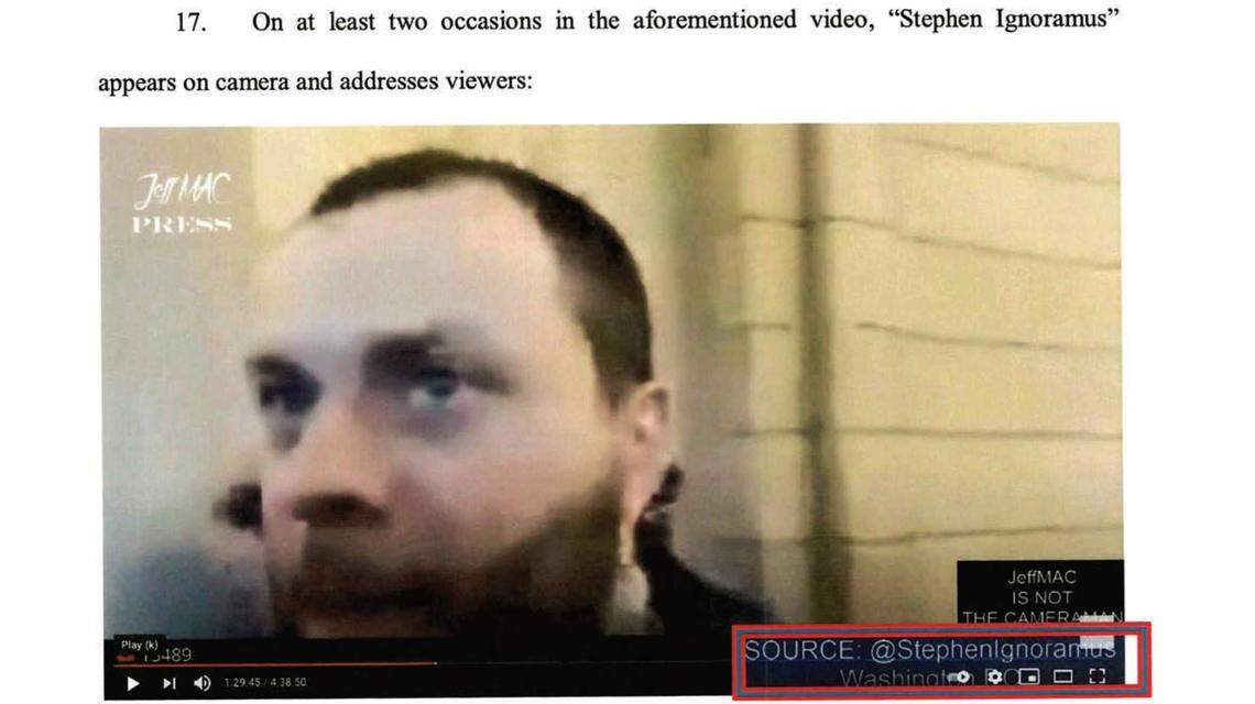 A screenshot of a video stream by “Stephen Ignoramus” is part of Dept. of Justice criminal complaint against Stephen Maury Baker who is charged with violent entry and disorderly conduct at the U.S. Capitol.