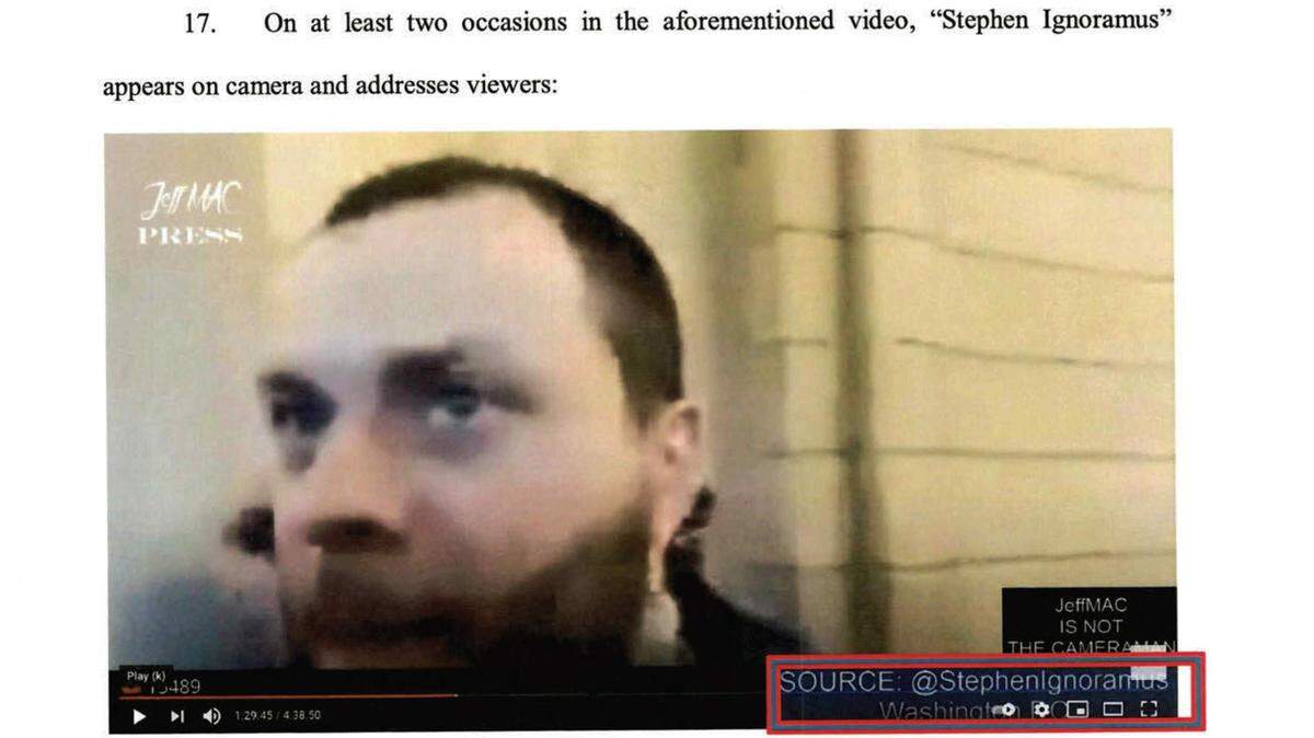 A screenshot of a video stream by “Stephen Ignoramus” is part of Dept. of Justice criminal complaint against Stephen Maury Baker who is charged with violent entry and disorderly conduct at the U.S. Capitol.