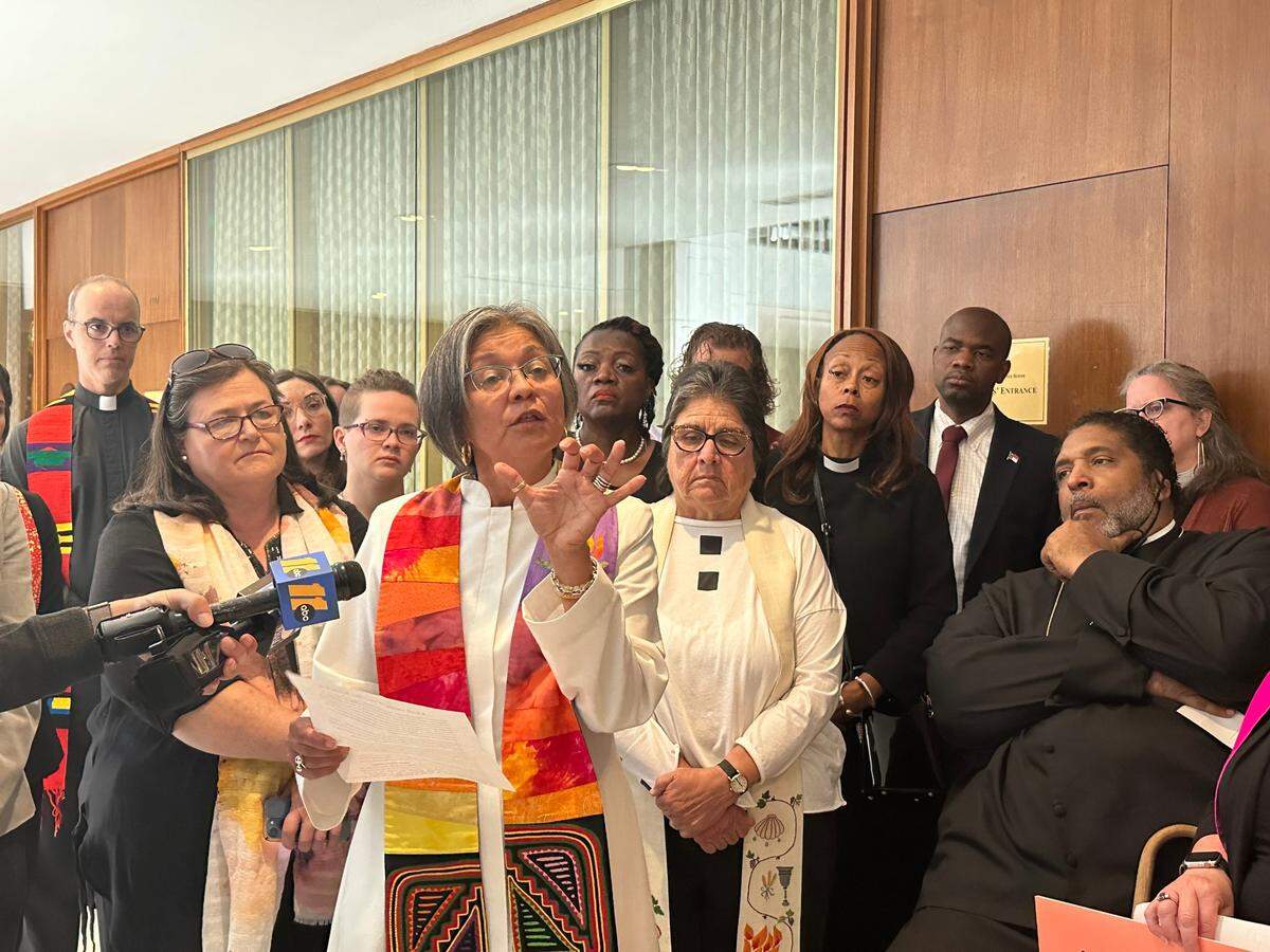 Rev. Claudia Jimenez, a pastor at the Unitarian Universalist Congregation of Asheville, speaks out against the abortion bill.