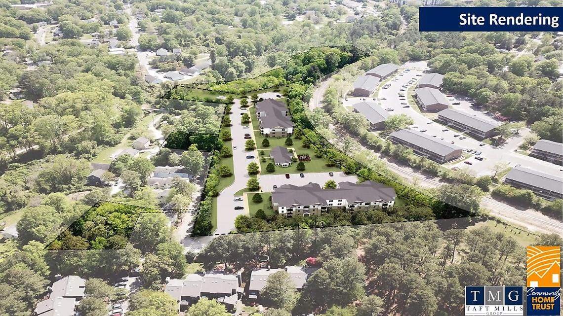 An overview illustrates how the town’s affordable housing project planned for Jay Street would look. The site is between Estes Drive Apartments, Southern Railroad tracks and Village West off Estes Drive Extension.