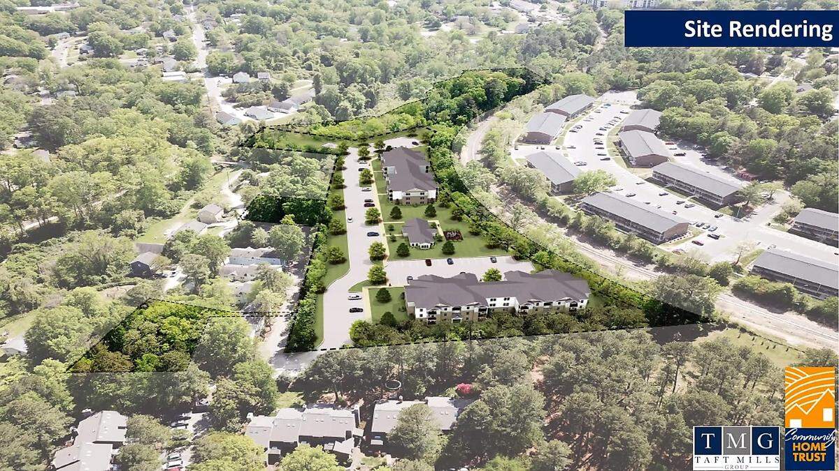 An overview illustrates how the town’s affordable housing project planned for Jay Street would look. The site is between Estes Drive Apartments, Southern Railroad tracks and Village West off Estes Drive Extension.