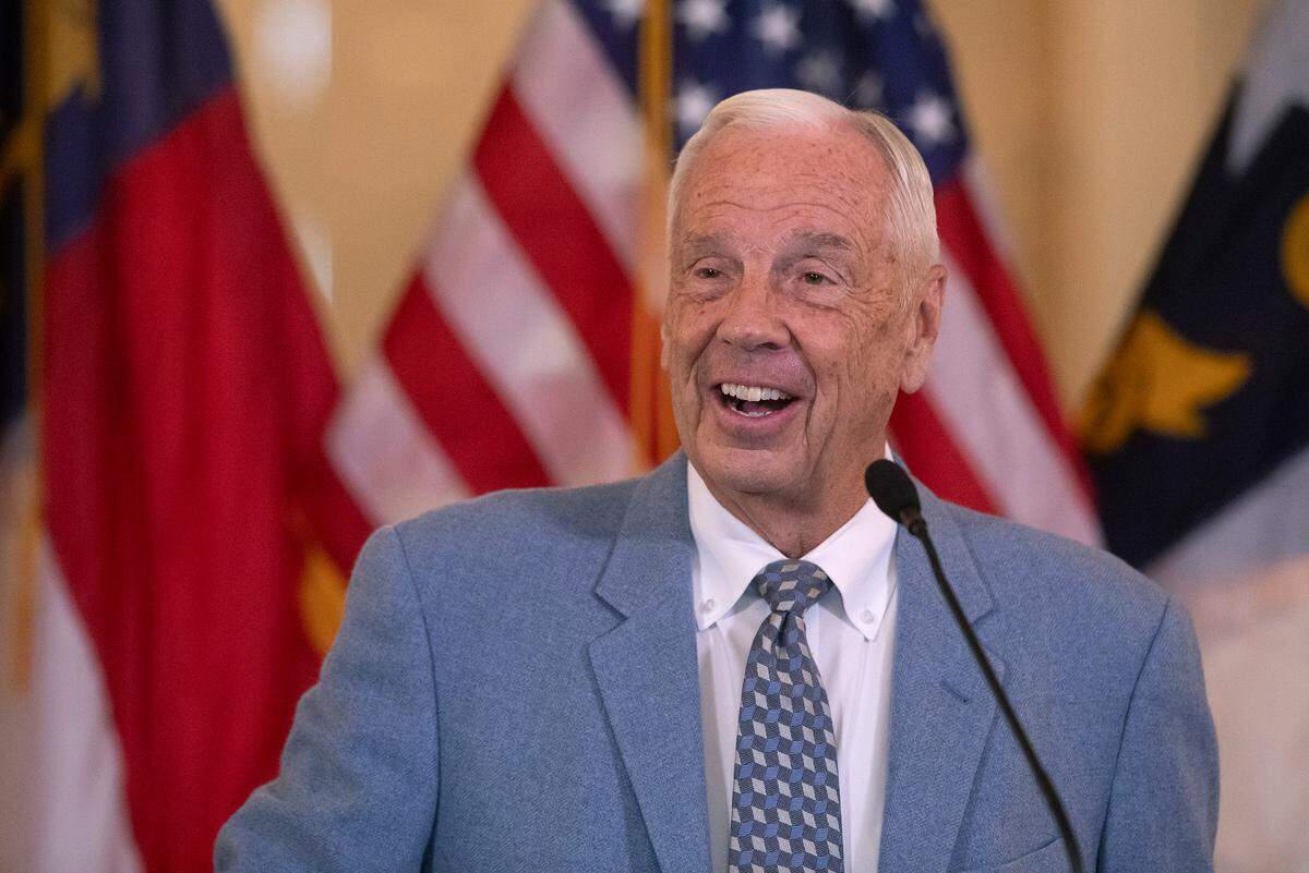 Former North Carolina basketball coach Roy Williams speaks after being awarded The Order of the Long Leaf Pine during a ceremony at the Executive Mansion on Thursday, Dec. 19, 2024, in Raleigh, N.C.
