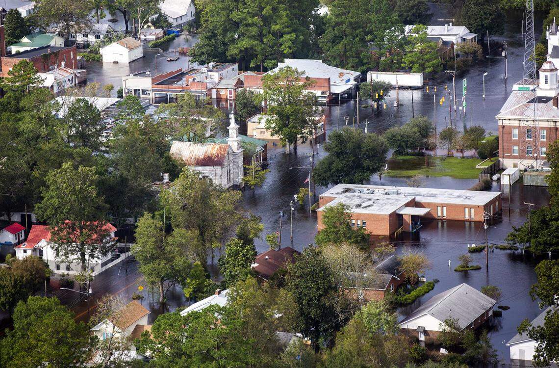 Three days after Hurricane Florence made landfall in Wilmington, NC, flood water still surrounds buildings in Trenton, NC, on Monday, Sept. 17, 2018.