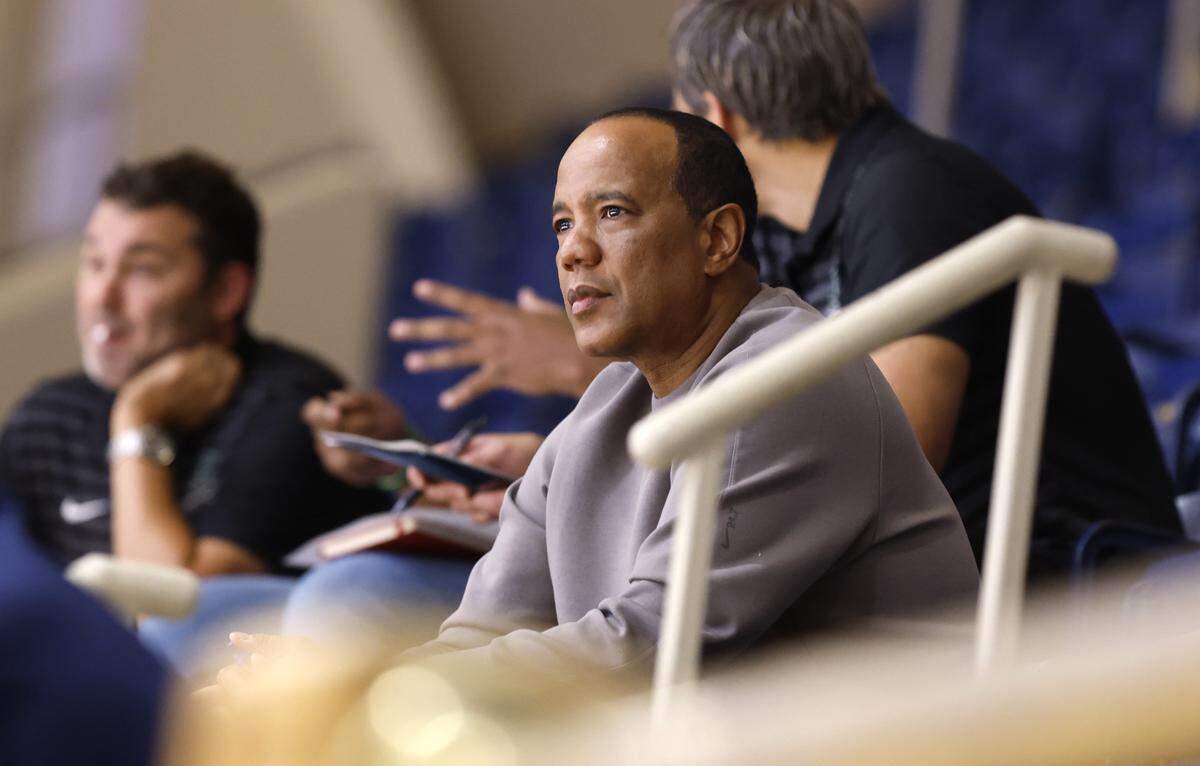 Former N.C. State head basketball coach Kevin Keatts watches the Duke men’s basketball team practice at Cameron Indoor Stadium in Durham, N.C., Wednesday, Sept. 24, 2025.