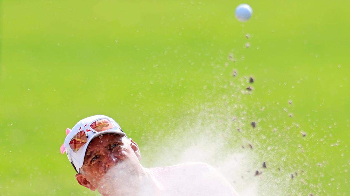 Scott Parel plays a shot from a bunker on the 18th hole during the second round of the Constellation Furyk & Friends PGA Tour Champions golf tournament Saturday, Oct. 7, 2023 at Timuquana Country Club in Jacksonville, Fla.