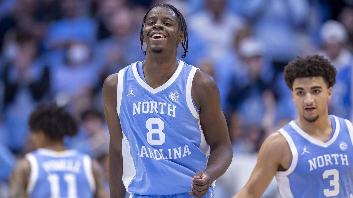 North Carolina forward Caleb Wilson (8) reacts after a dunk against Florida State in the second half on Tuesday, December 30, 2025 at the Smith Center in Chapel Hill, N.C. 
