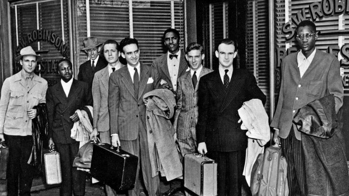 Members of the Journey of Reconciliation in 1947 included, left to right: Worth Randle, Wallace Nelson, Ernest Bromley, James Peck, Igal Roodenko, Bayard Rustin, James Felmet, George Houser and Andrew Johnson.