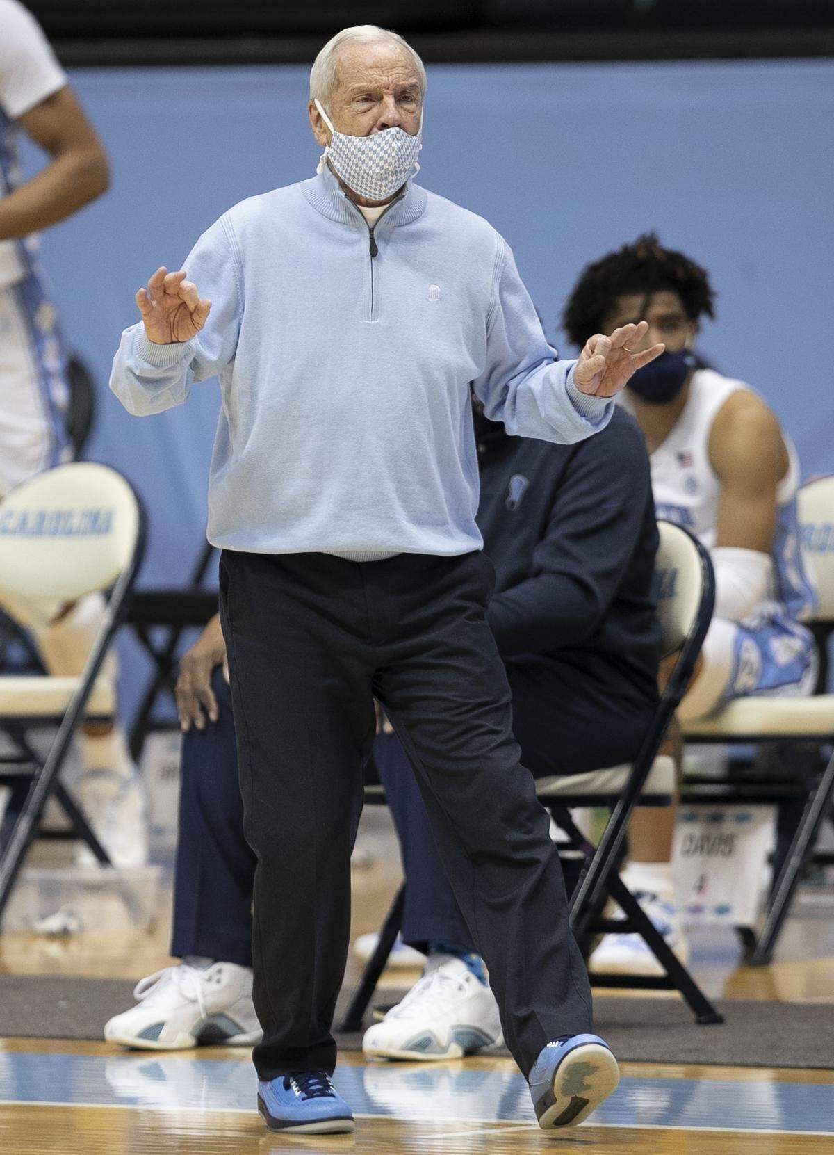 North Carolina coach Roy Williams directs his team on defense in the first half against N.C. State on Saturday, January 23, 2021 at the Smith Center in Chapel Hill, NC.
