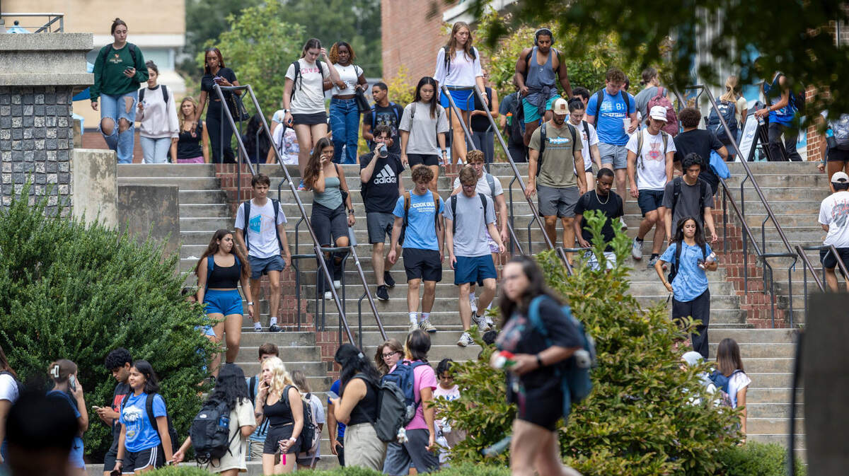 Students pour out of the University of North Carolina student union after a lock down was lifted just after 2:15 p.m. on Wednesday, September 13, 2023 in Chapel Hill, N.C. The lockdown began around 1 p.m. after a report an armed and dangerous person on campus.