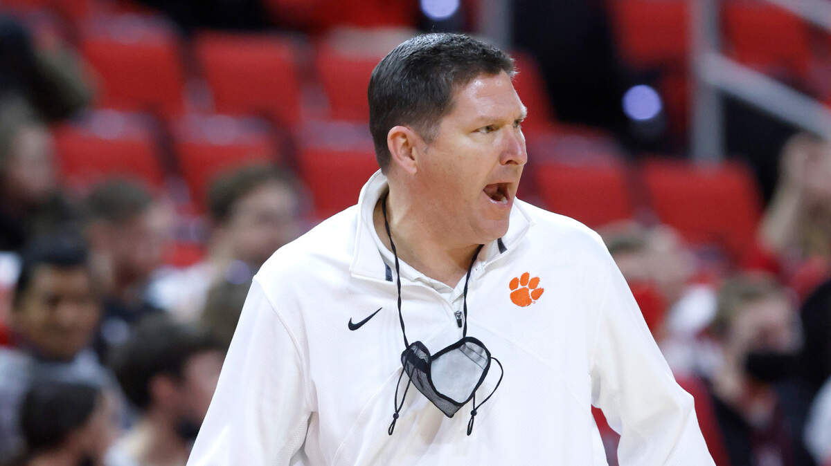Clemson head coach Brad Brownell yells to his players during the first half of N.C. State’s game against Clemson at PNC Arena in Raleigh, N.C., Saturday, January 8, 2022.