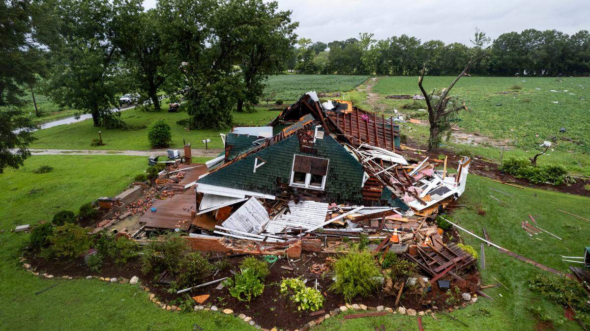 An aerial view of a home where a person was killed by a tornado that spun out of Tropical Storm Debby early Thursday Aug. 8, 2024 in Wilson County. Multiple homes and a middle school where heavily damaged by the tornado.