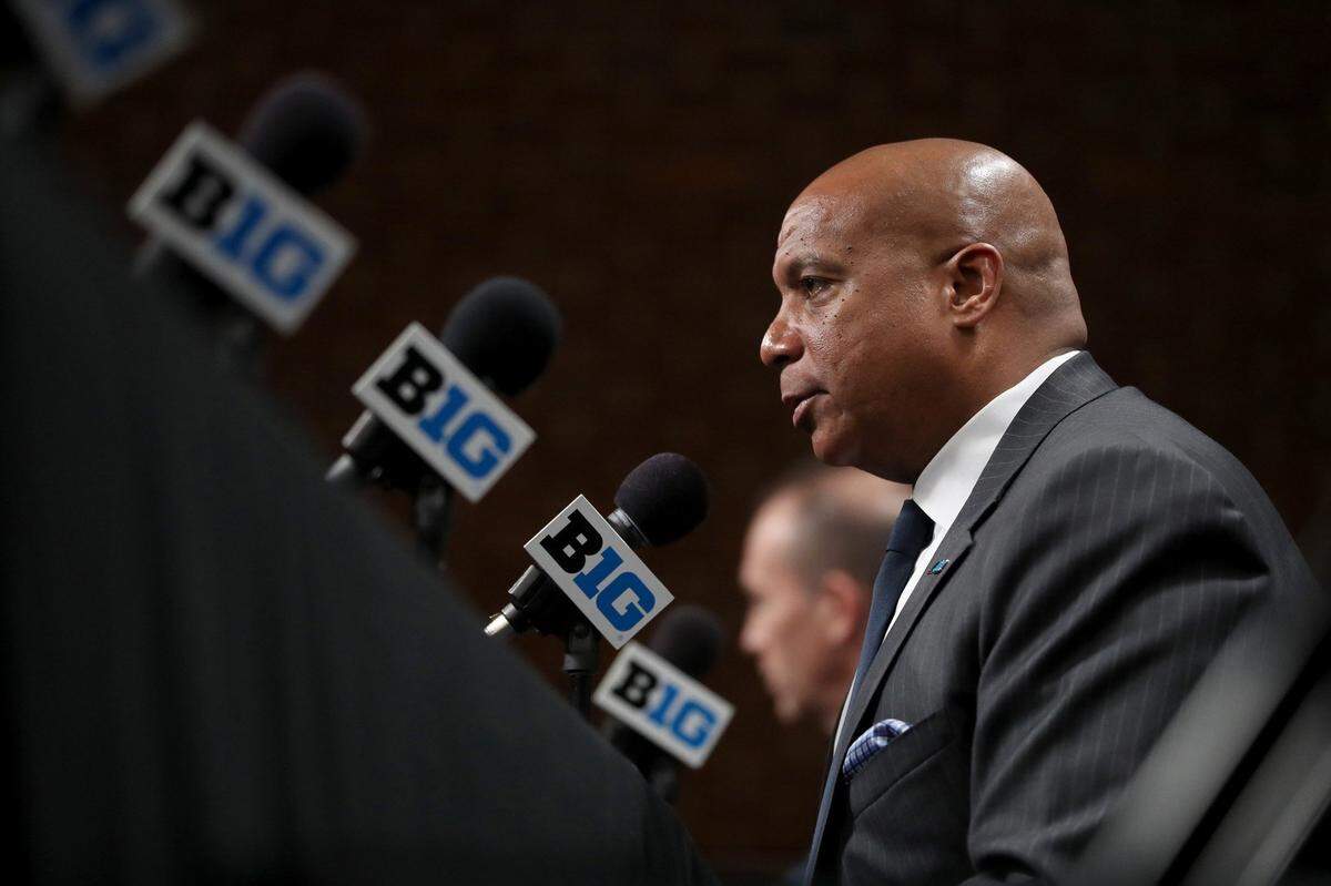 In this file photo, Big Ten commissioner Kevin Warren speaks about the cancellation of the Men’s Big 10 Basketball Tournament at Bankers Life Fieldhouse in Indianapolis on March 12, 2020. (Chris Sweda/Chicago Tribune/TNS)