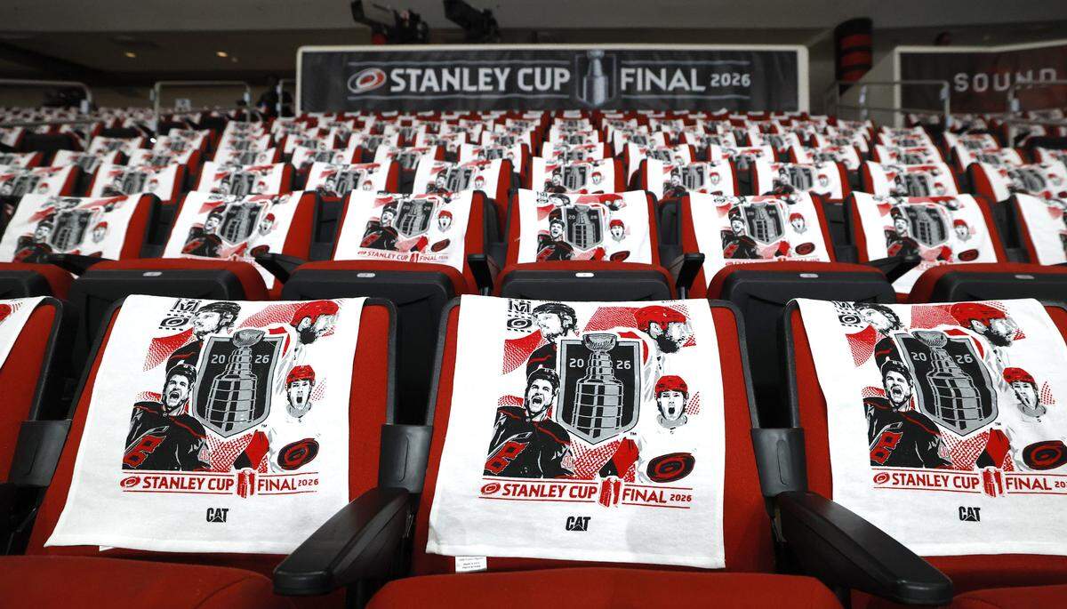 Towels await patrons before the Hurricanes’ game against the Golden Knights in the second game of the Stanley Cup Final at the Lenovo Center in Raleigh, N.C., Thursday, June 4, 2026.