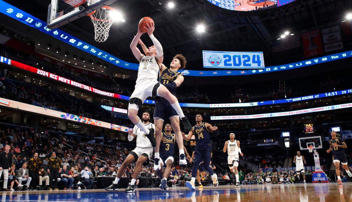 Wake Forest’s Cameron Hildreth (2) heads to the basket past Notre Dame’s Braeden Shrewsberry (11) during Wake Forest’s 72-59 victory over Notre Dame in the second round of the 2024 ACC Men’s Basketball Tournament at Capital One Arena in Washington, D.C., Wednesday, March 13, 2024.
