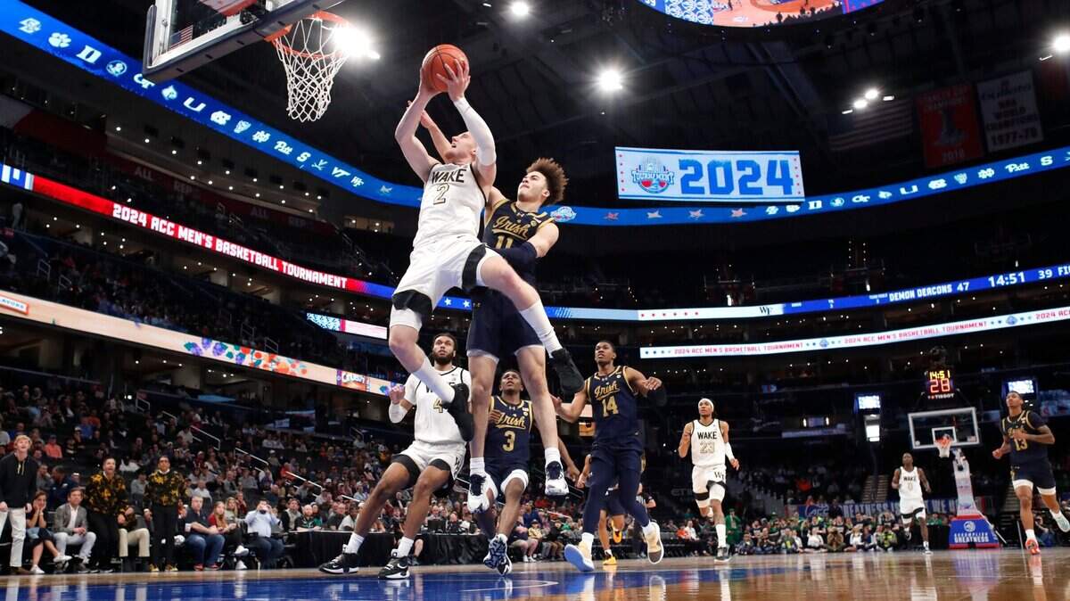 Wake Forest’s Cameron Hildreth (2) heads to the basket past Notre Dame’s Braeden Shrewsberry (11) during Wake Forest’s 72-59 victory over Notre Dame in the second round of the 2024 ACC Men’s Basketball Tournament at Capital One Arena in Washington, D.C., Wednesday, March 13, 2024.
