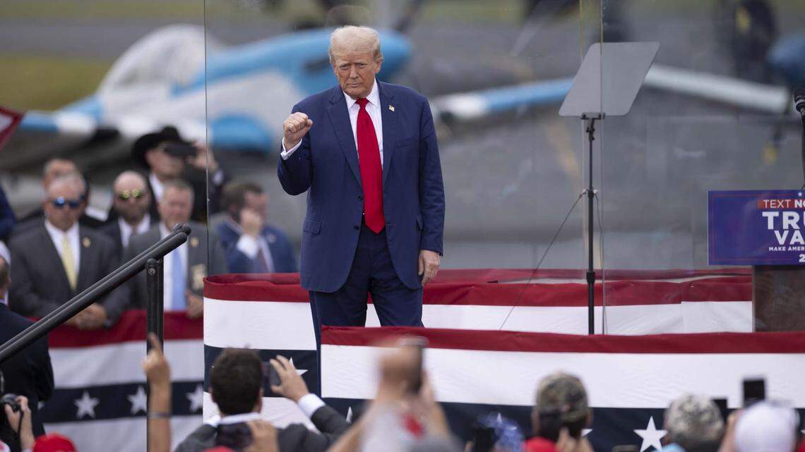 Donald Trump reacts to the crowd at a campaign stop in Asheboro, N.C., Wednesday, August 21, 2024.