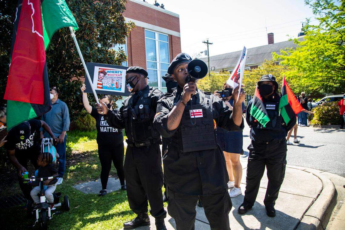 Members of the New Black Panther Party from Washington DC and Raleigh chapters rally as attorneys for the family of Andrew Brown Jr. hold a press conference outside the Pasquotank County Public Safety building Tuesday, April 27, 2021 to announce results of the autopsy they commissioned, which they said showed five bullet wounds including one to the back of the head. They accused Pasquotank County officials of hiding information and keeping justice from being served in Elizabeth City.