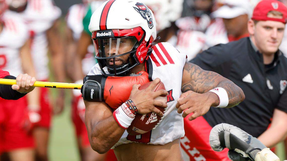 N.C. State tight end Trent Pennix (6) runs drills during the Wolfpack’s first fall practice in Raleigh, N.C., Wednesday, August 2, 2023.
