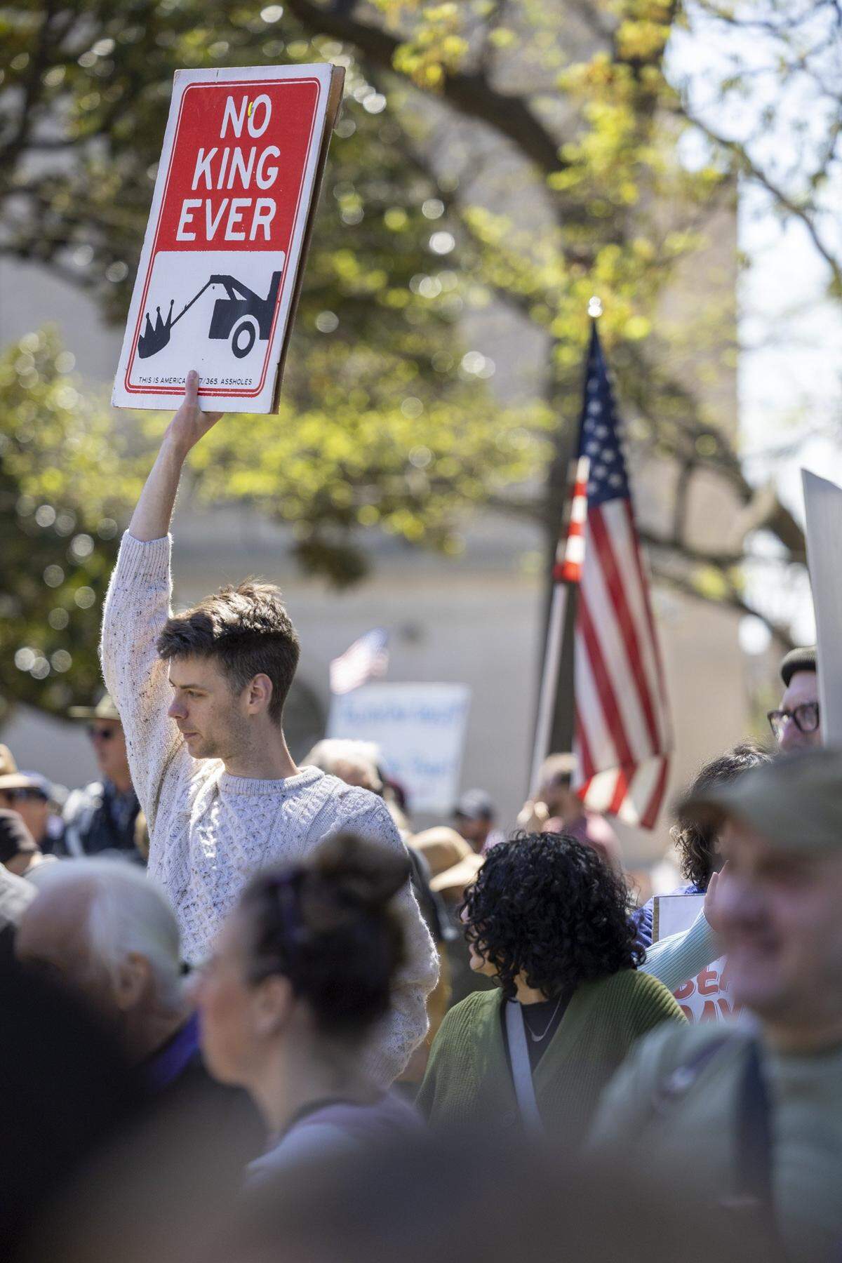 Hundreds of demonstrators gather outside the North Carolina State Capitol in Raleigh on Saturday, March 28, 2026, during a “No Kings” protest against President Donald Trump and his agenda. More than 70 cities and towns across North Carolina participated in nationwide protests Saturday.