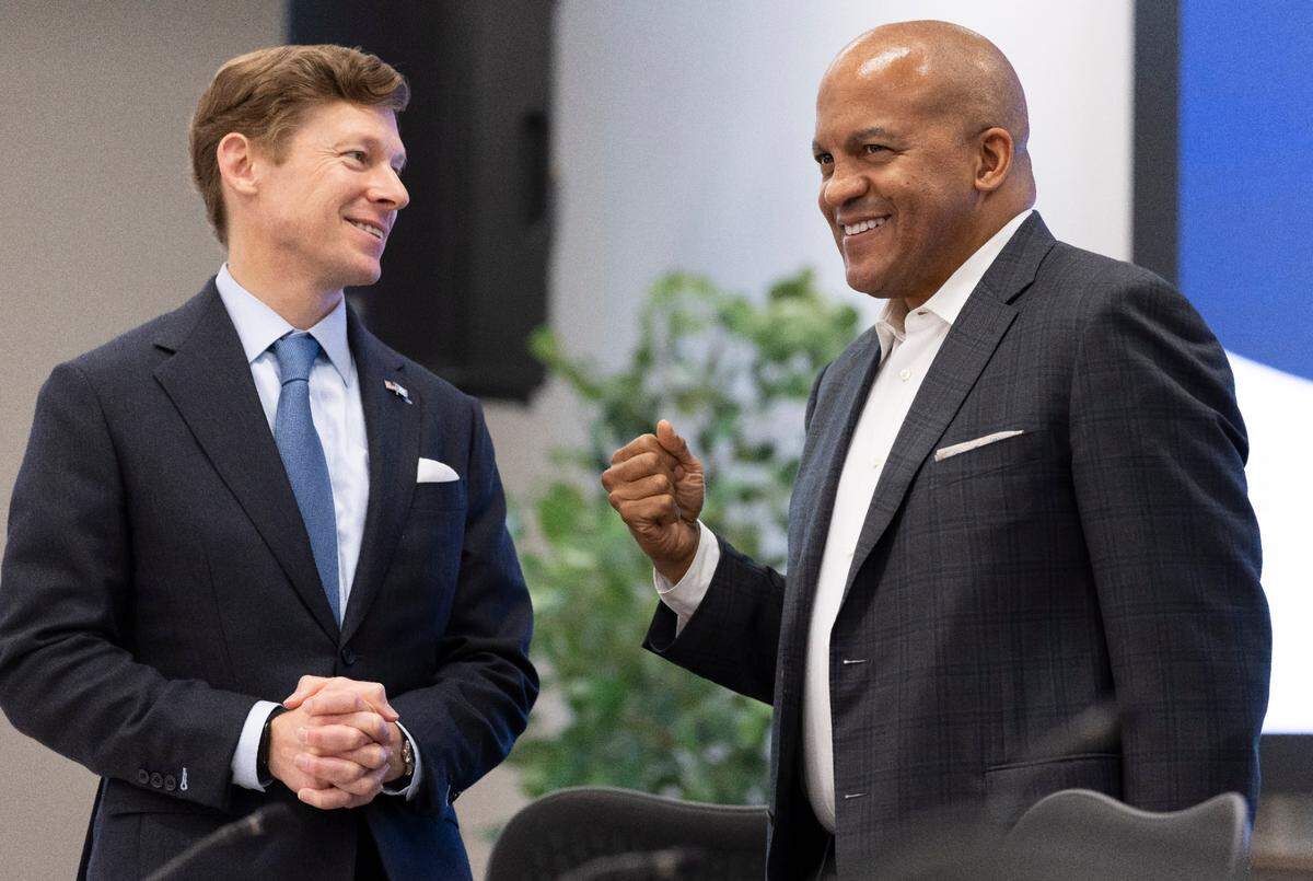 UNC Chancellor Lee Roberts talks with UNC Board of Trustees member Malcolm Turner on Wednesday, May 21, 2025 in Chapel Hill, N.C. 