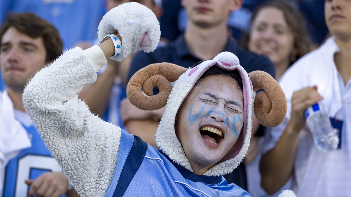 North Carolina graduate student Darby Kim celebrates in the student section following the Tar Heels’ 41-6 victory over Richmond on Saturday, September 13, 2025 at Kenan Stadium in Chapel Hill, N.C.