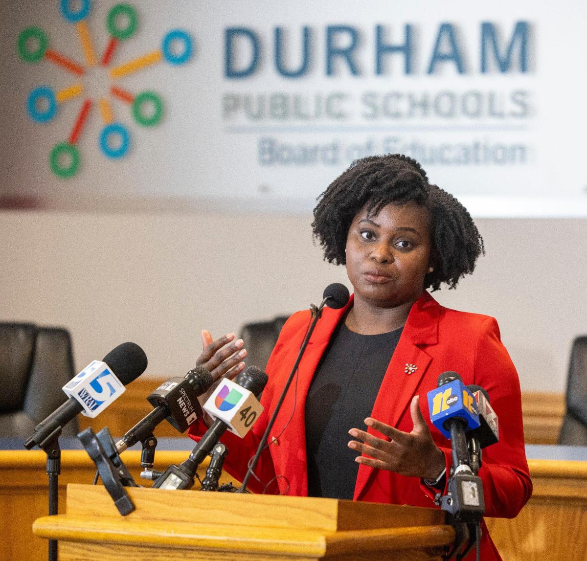 Bettina Umstead, Durham Public Schools Board Chair, fields questions following the introduction of Interim Superintendent Catty Moore during a press briefing on Wednesday, February 14, 2024 in Durham, N.C.