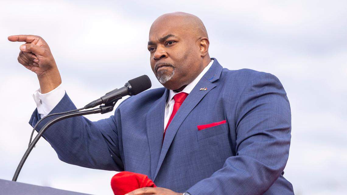 Lt. Gov. Mark Robinson speaks during a rally with former President Donald Trump in Selma, NC on April 9, 2022.