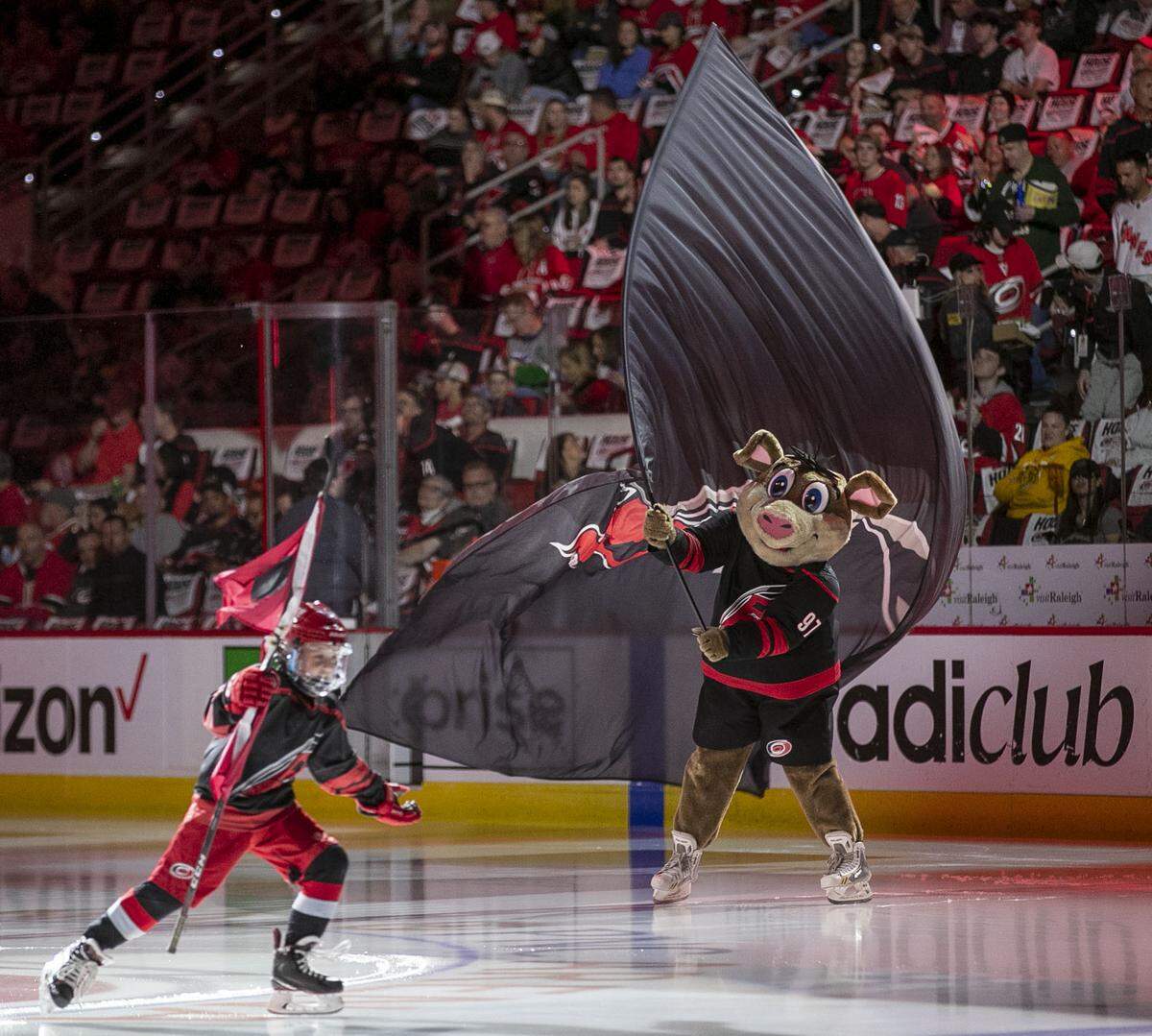 Stormy, the Carolina Hurricanes’ mascot, motivates fans on Tuesday, May 10, 2022 prior to game five of their of their Stanley Cup first round series against Boston at PNC Arena in Raleigh, N.C.