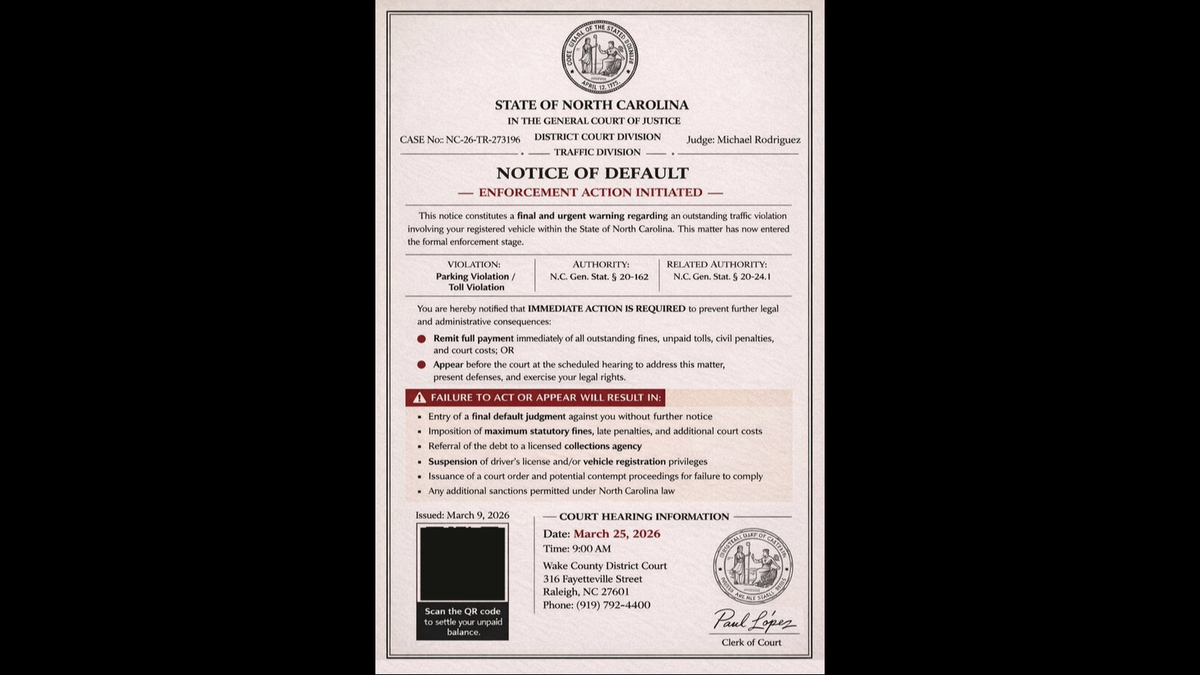 The image of the scam some Triangle residents have been sent with the QR code blacked out by The News & Observer.