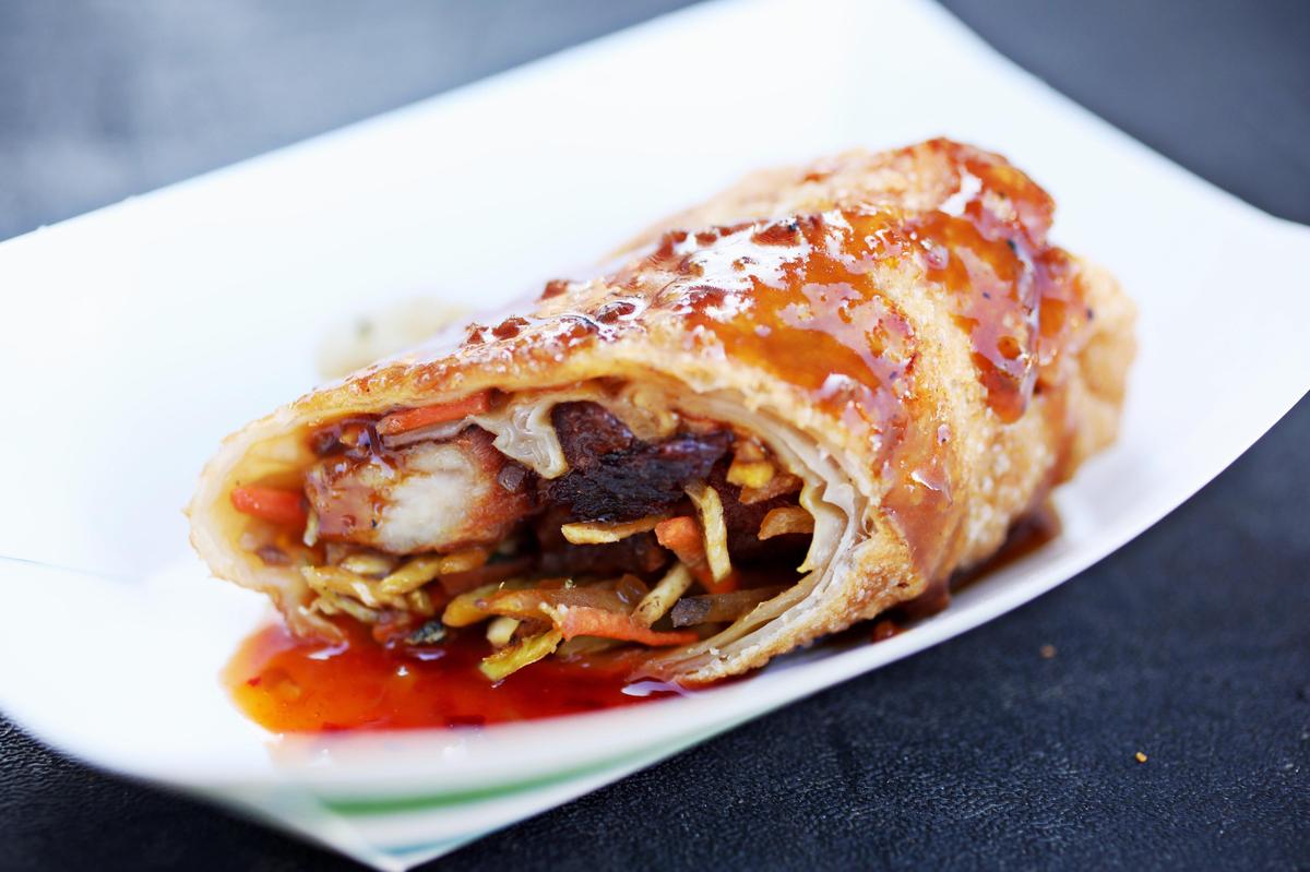 Korean BBQ pork belly egg roll from Woody’s Wing Wagon.