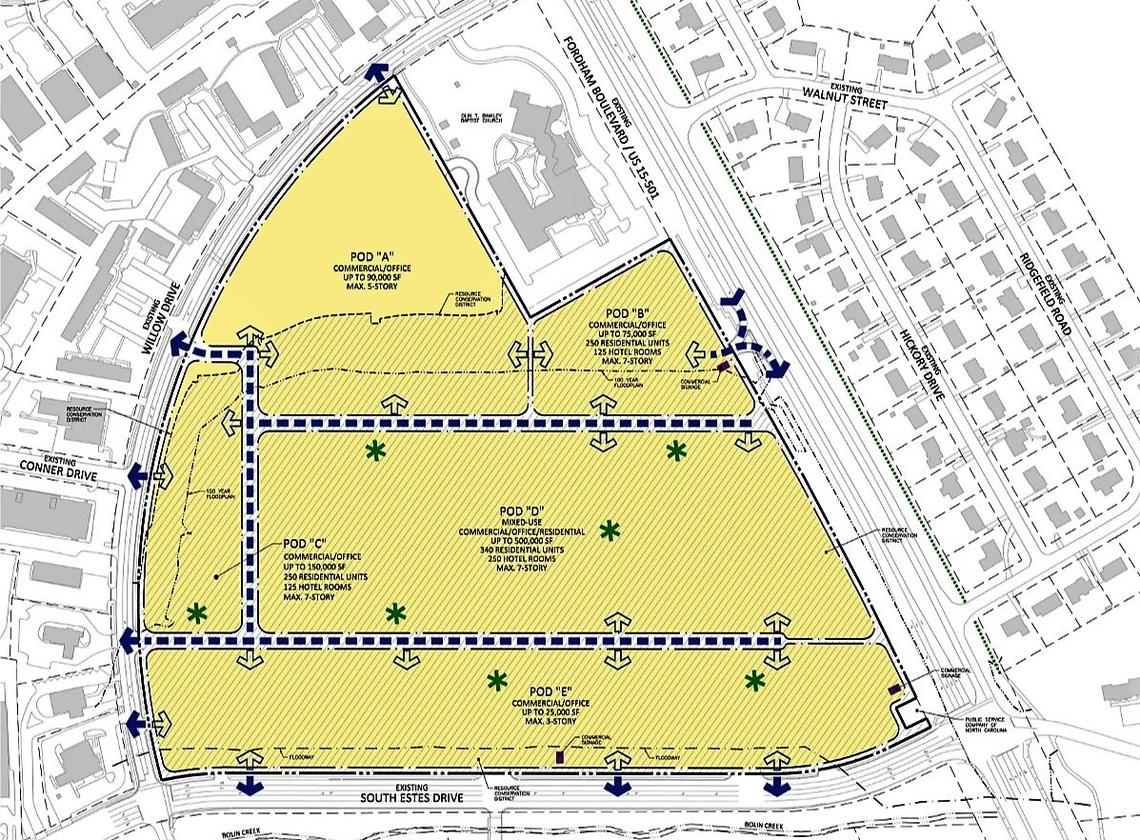 A concept plan submitted in late August for the longtime University Place mall in Chapel Hill shows multiple areas of commercial and office space, apartments and hotel rooms. The final plan is expected to change as the plan is further developed.