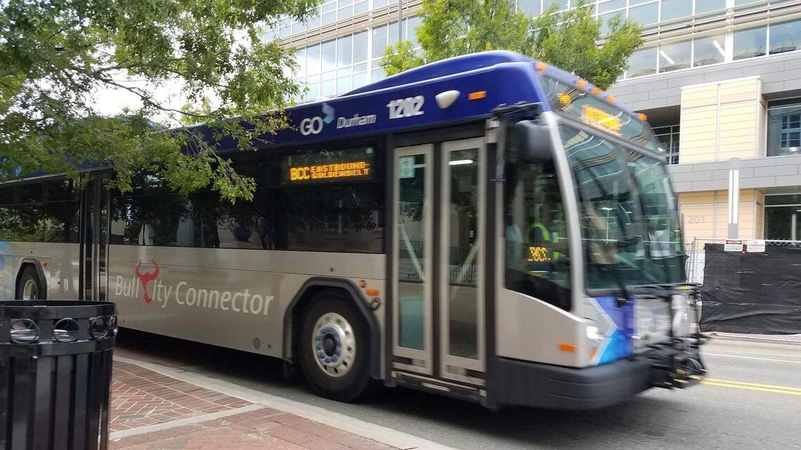 A Bull City Connector bus passes through Main Street in downtown Durham.