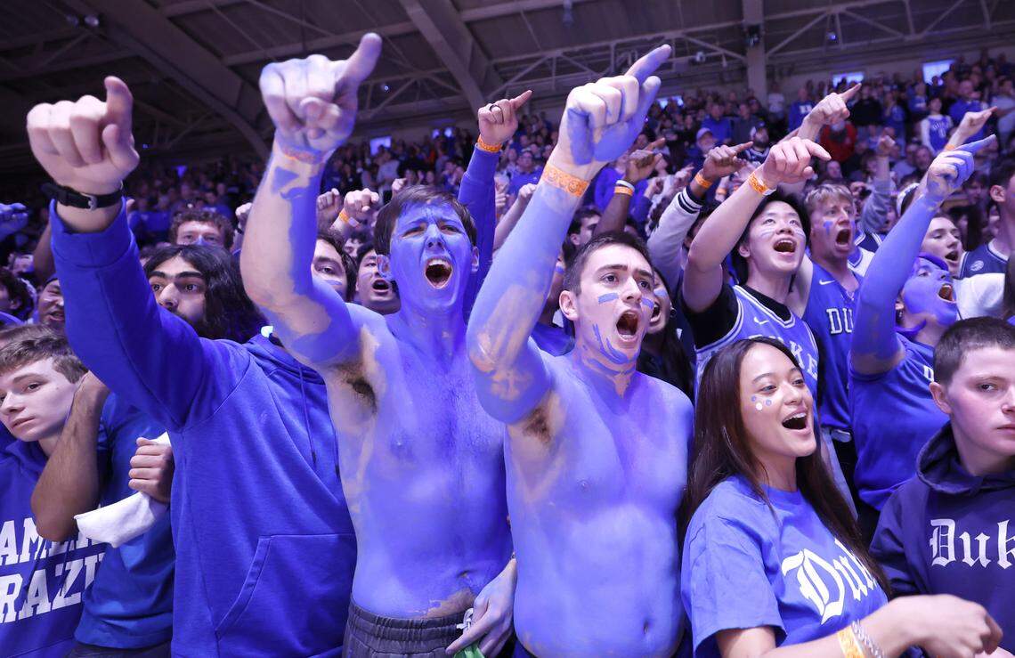 The Cameron Crazies react as Virginia players are introduced before Duke’s game against Virginia at Cameron Indoor Stadium in Durham, N.C., Saturday, Feb. 28, 2026.