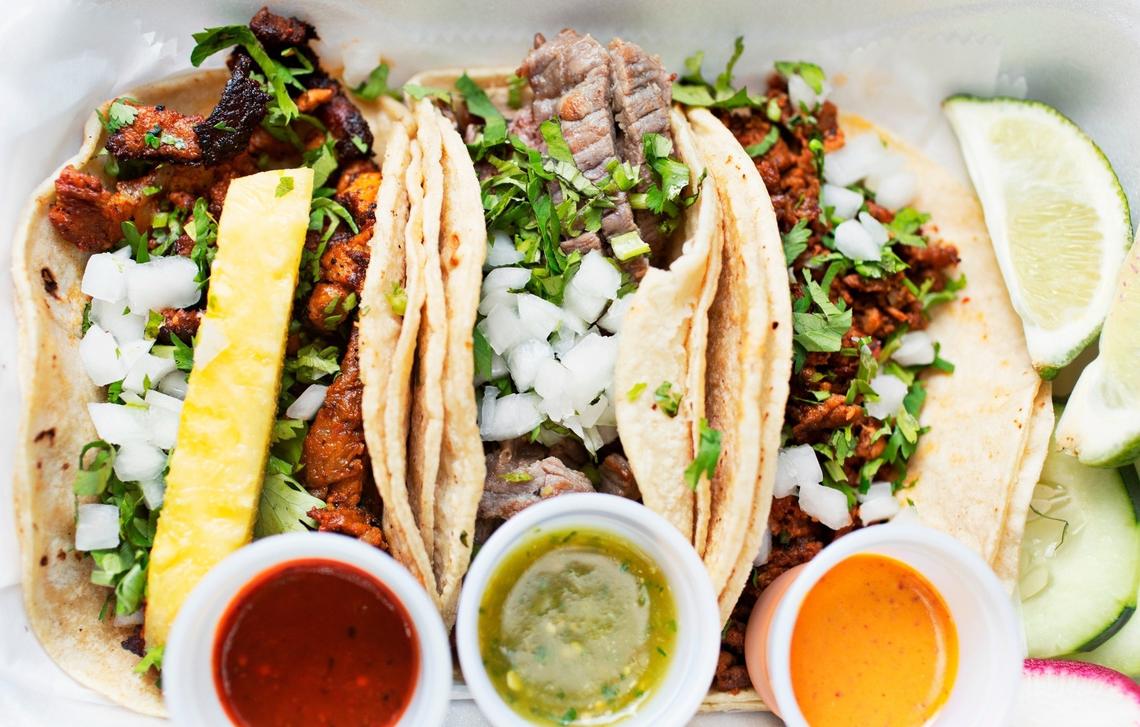 Chorizo, cecina and al pastor tacos from Gym Tacos food truck in Raleigh.